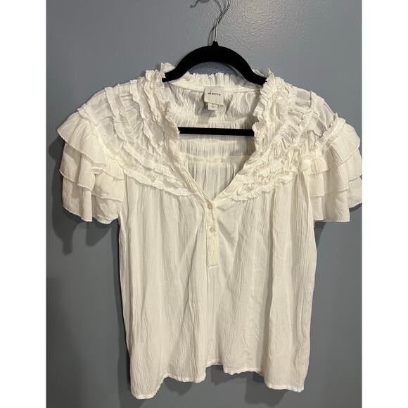 Anthropologie Maeve Short Sleeve Ruffle Yoke Blouse in White - Picture 3 of 11